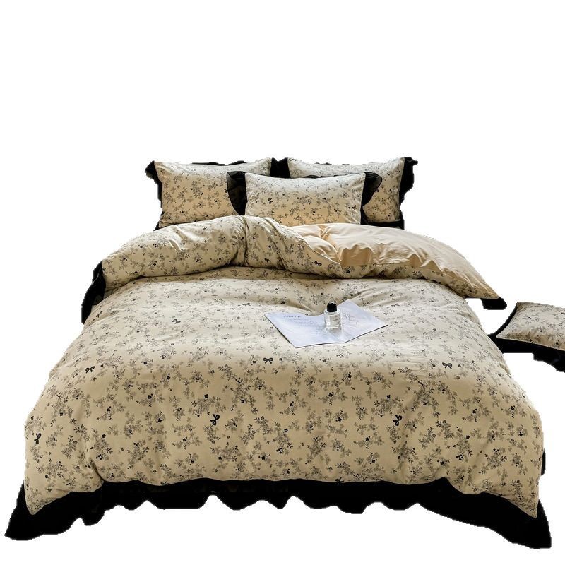 Nordic French Vintage Boho French Hepburn Style 2026 New Four-piece Set Of Pure Cotton Vintage Floral Black Lace Duvet Cover Bedding Wholesale_voghion.com