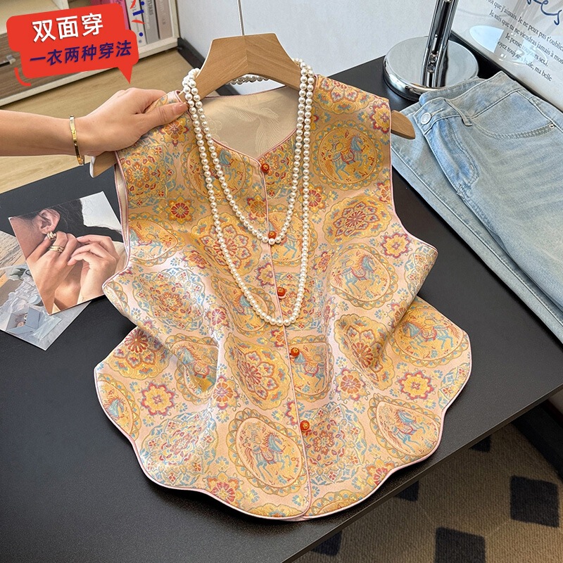 Real Shot of New Chinese-Style Improved Tang Suit Hanfu, Reversible Satin Jacquard Vest with Curved Lace Hem, National Style Waistcoat Real Shot of New Chinese-Style Improved Tang Suit Hanfu, Reversible Satin Jacquard Vest with Curved Lace Hem, National Style Waistcoat