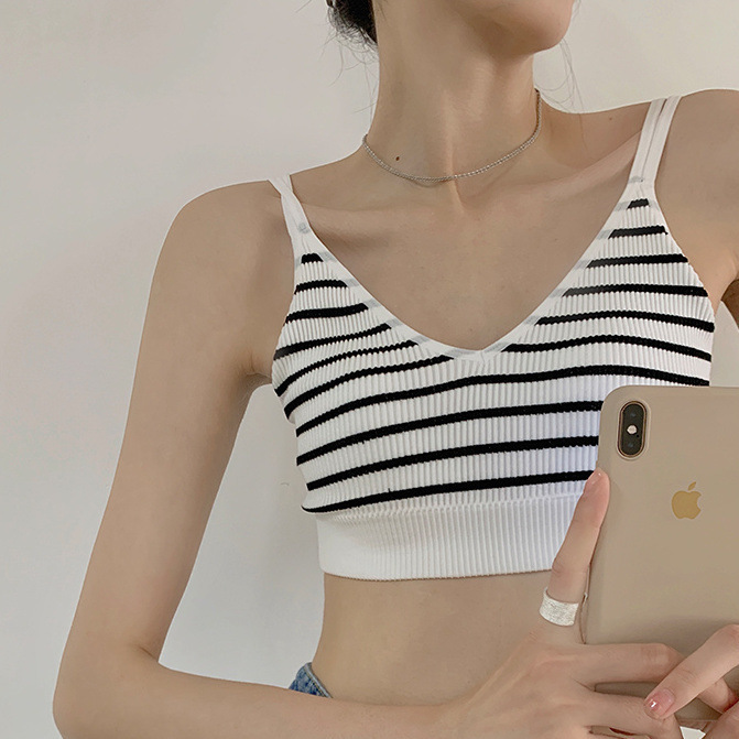 Belleza espalda sexy Copa ropa interior de una pieza de las mujeres de la correa de hombro doble a rayas Delgado Estilo Chaleco pequeño pecho tubo superior deportes envuelto pecho