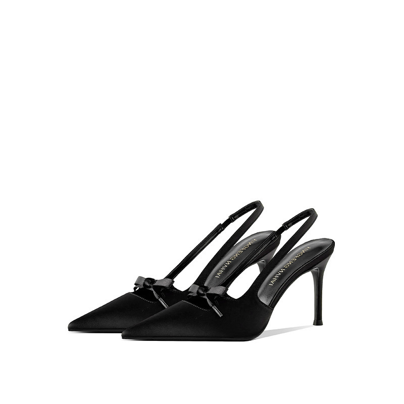 [in Stock] Summer Pink Fairy Style Bow High Heel Unique French Satin Pointed Toe Open Back Sandals for Women