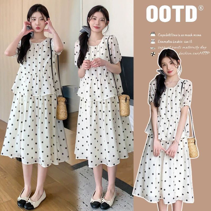 Реальный спот 2024 новый летний дизайн чувство поддельные две точки сращивания короткие рукава свободные платья для беременных