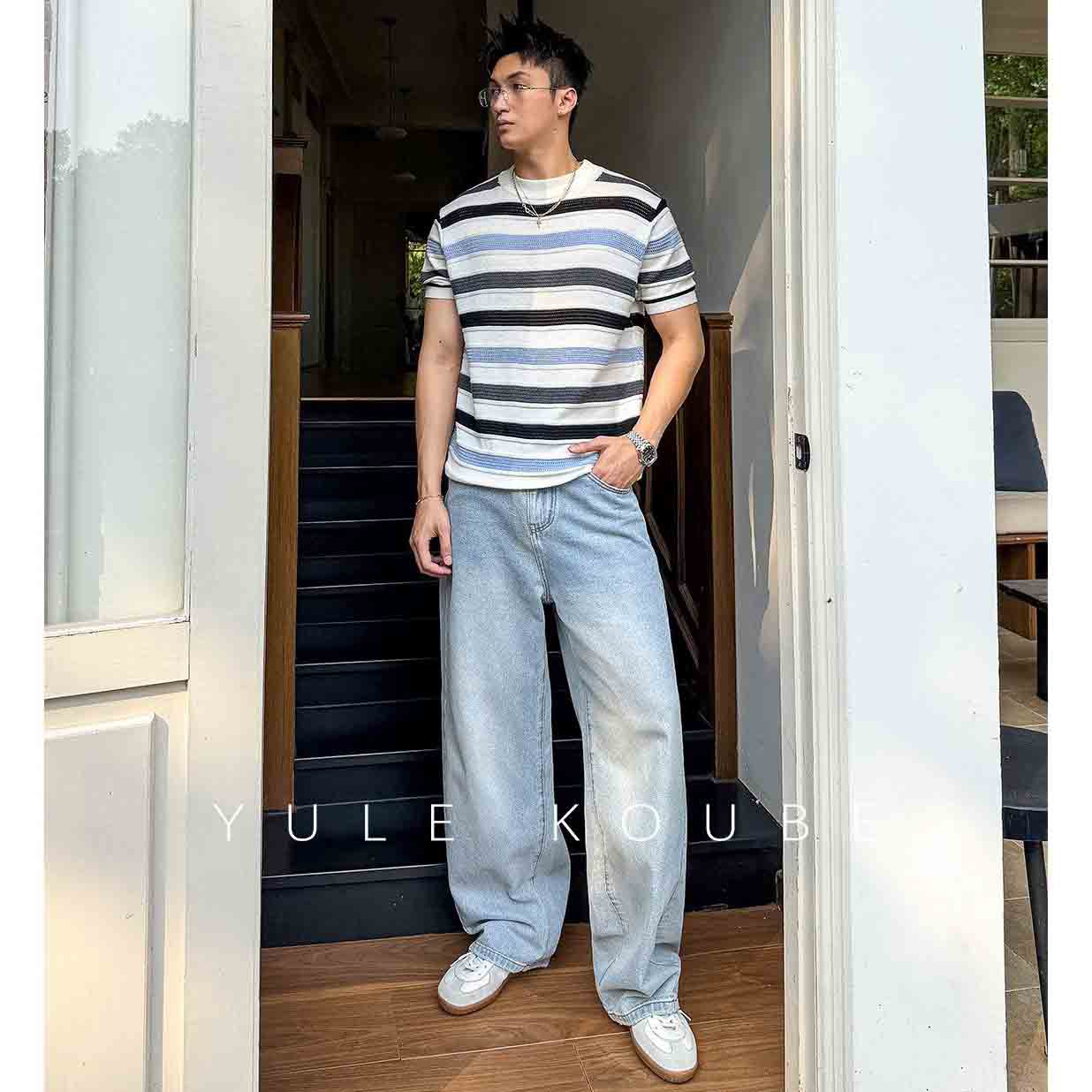 Camiseta de punto de manga corta camiseta de hueso de pescado hombre textural hueco viejo viento de negocios hielo verano fábrica transfronteriza al por mayor