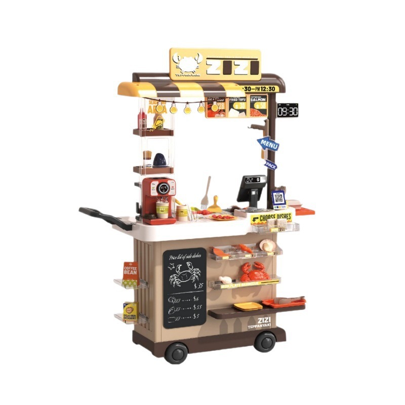 Niños transfronterizos 102cm spray carro de comida rápida sonido y luz agua de alimentación de color placa de hierro barbacoa juguetes de pollo frito