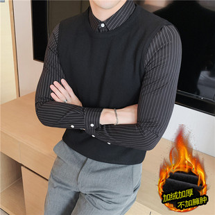Winter high-grade fleece-lined thickened fake two-piece shirt collar sweater men's fashion pullover JR9328