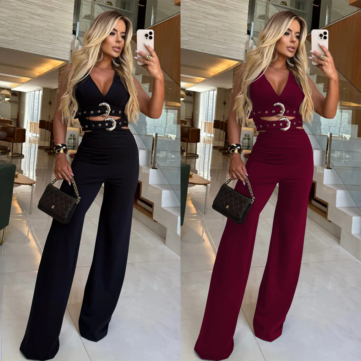 C7499 Aliexpress transfronterizo Amazon ropa de moda europea y americana de mujer cuello en v decoración cinturón de abrazadera pantalón conjunto