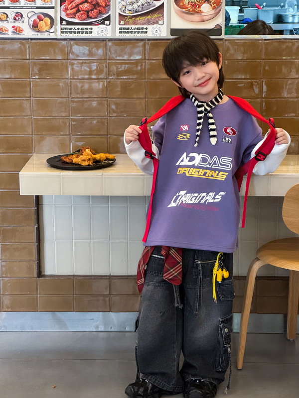顽兔2025男童秋款美式印花刺绣中大童上衣潮酷宽松假两件儿童卫衣|undefined