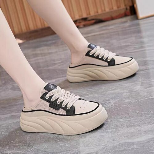 2025 Summer Breathable Half-Platform White Shoes Women's Shoes Thick Sole Outdoor Slip-On Trendy Cool Closed-Toe Casual Shoes