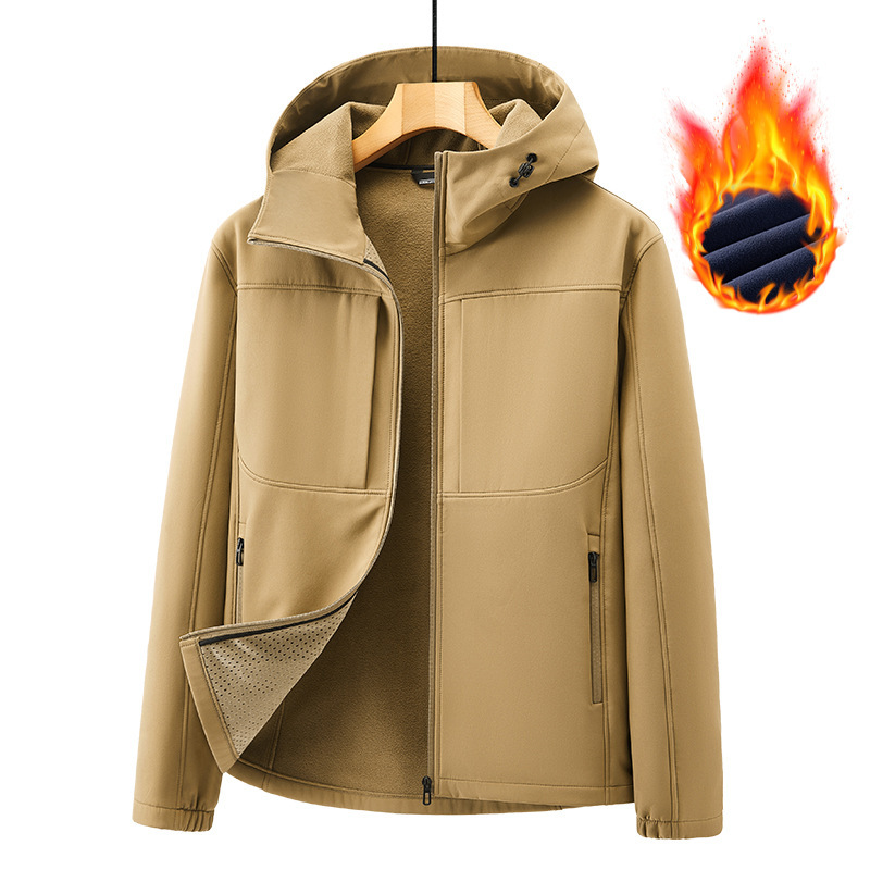 Autumn and Winter New Pure Color Fleece-Lined Warm Outdoor Soft Shell Jacket Jacket Men's Casual Hooded Top for Men