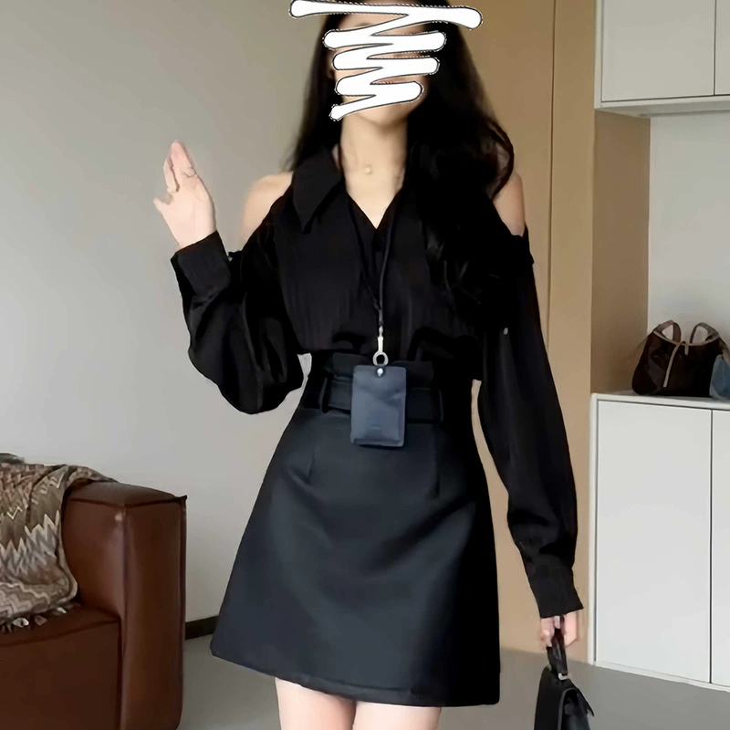 Французская рубашка больших размеров с длинными рукавами для женщин, весенняя черная рубашка с открытыми плечами и v-образным вырезом, повседневная рубашка с нишевым дизайном MM