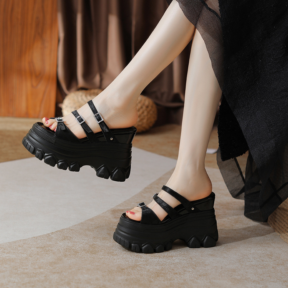 Sandal cao gót nữ đế xuồng 12cm da bò nguyên chất quai ngang — Màu đen, Màu trắng be, Màu hạnh nhân đậm