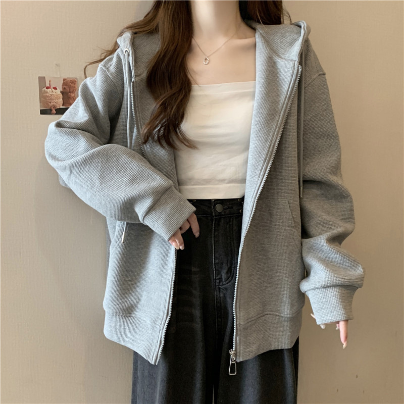 Grey Real Shot Cardigan Hoodie Women's Autumn Loose Slimming Student Casual Wafflour Solid Color Top Grey Real Shot Cardigan Hoodie Women's Autumn Loose Slimming Student Casual Wafflour Solid Color Top