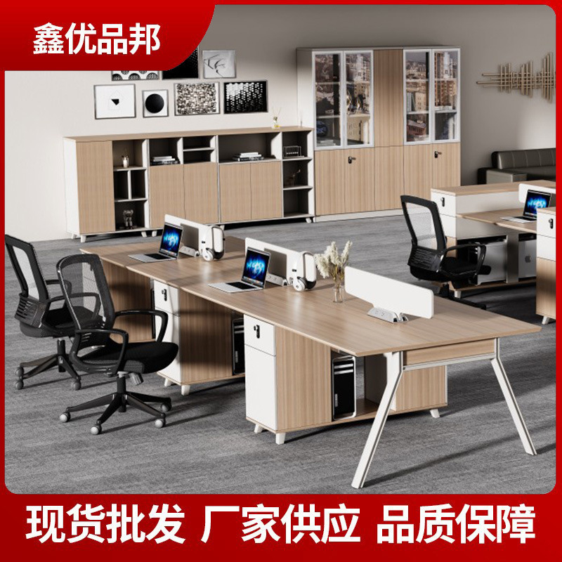 Modern Simple Staff Desk Six-Person Employee Computer Desk Office Workstation with Baffle File Cabinet Table