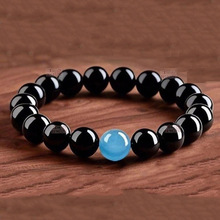 天然黑色玛瑙配仿海蓝宝色玉髓男女款手链东海水晶串琉璃批发8-12