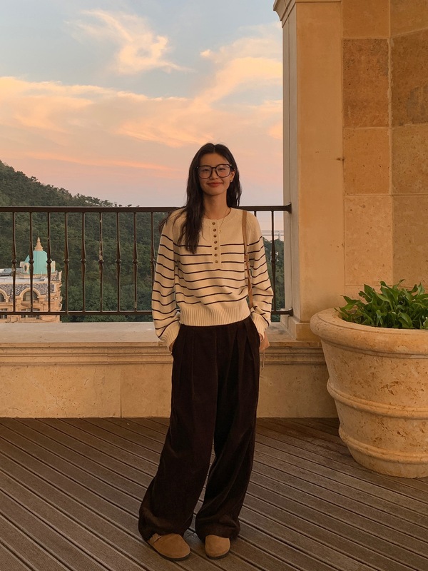 pusumede 暮色微风 条纹毛衣女秋冬圆领显瘦休闲羊毛针织衫上衣|undefined