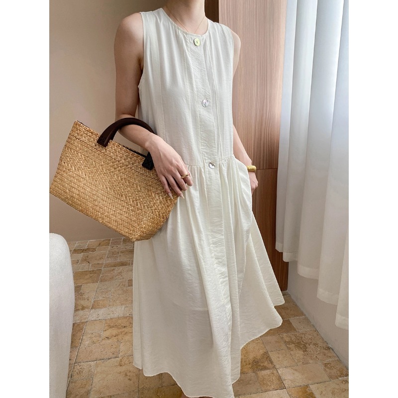 司南夏日温柔法式复古圆领宽松显瘦A字无袖背心连衣裙