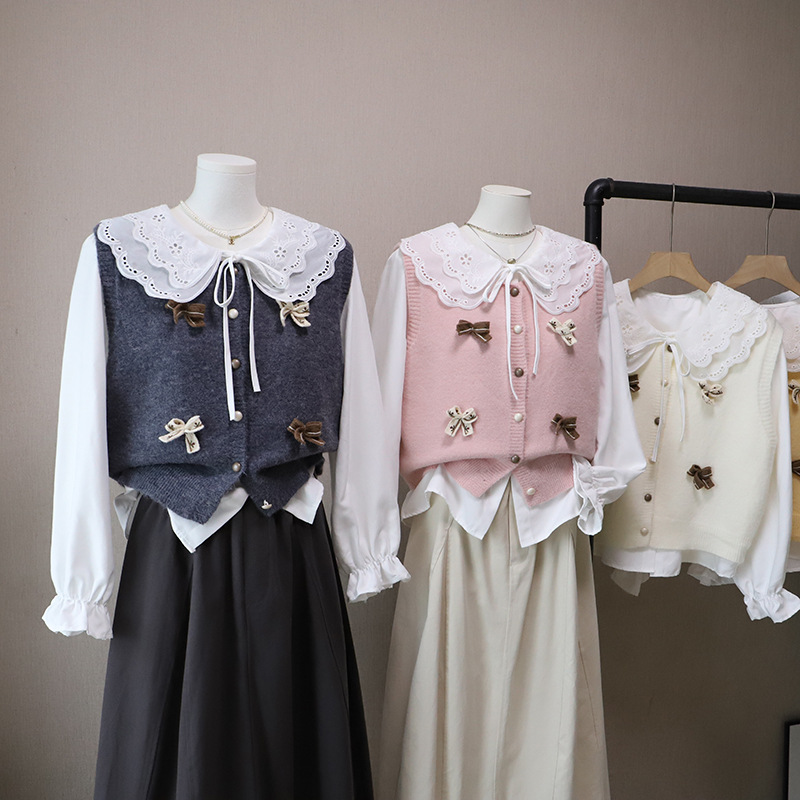 [比正]2025秋季新款韩系甜美长袖娃娃领衬衫+针织马甲背心女5148