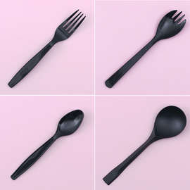 一次性塑料叉勺水果叉单支包装黑色加厚16cm长柄外卖饭勺子叉一体