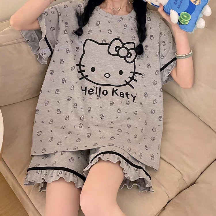Gray Girl Hello Kitty Printed Short-Sleeved Shorts Pajamas Women's Summer Home Clothes Can Go Out Suit