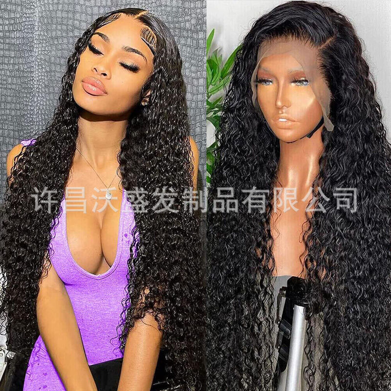 European and American hot sale 100% real human hair straight curly hair water front lace headgear 13 * 4lace frontalwig