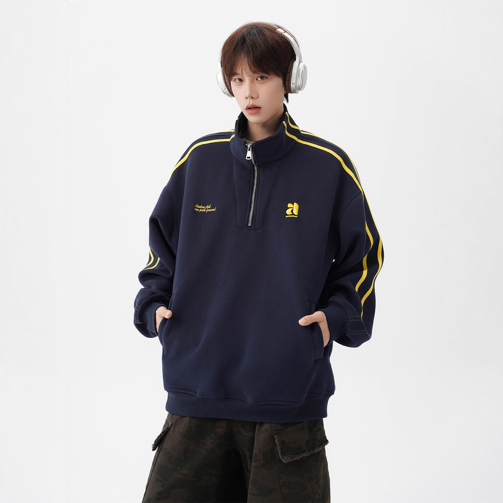 美式条纹立领情侣卫衣男秋潮牌复古半拉链上衣设计感重磅运动外套