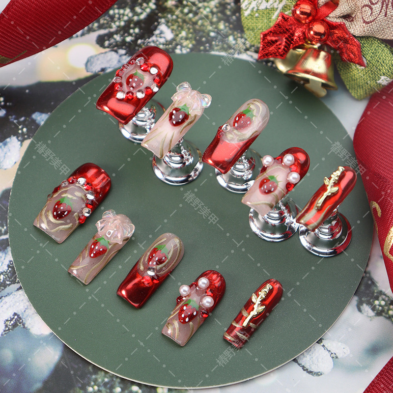 Cross-Border Wearable Nails, Purely Handmade, Hand-Painted, with 3D Strawberry, Bow, Rose, and Metallic Designs, Cute Nail Art Nail Pieces Cross-Border Wearable Nails, Purely Handmade, Hand-Painted, with 3D Strawberry, Bow, Rose, and Metallic Designs, Cute Nail Art Nail Pieces