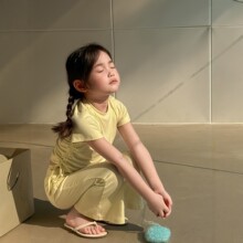 女童韩版抽绳短袖套装春秋新款纯色喇叭裤洋气两件套儿童时尚穿搭