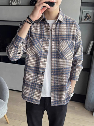 New trendy versatile effortless Japanese blue checkered faux fur digital double pocket jacket Harajuku popular literary Instagram