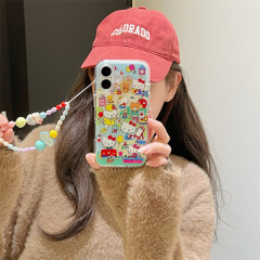 漫画Kitty猫イラストシールはiPhone16リンゴ15ProMax/14携帯ケース13チェーン付き