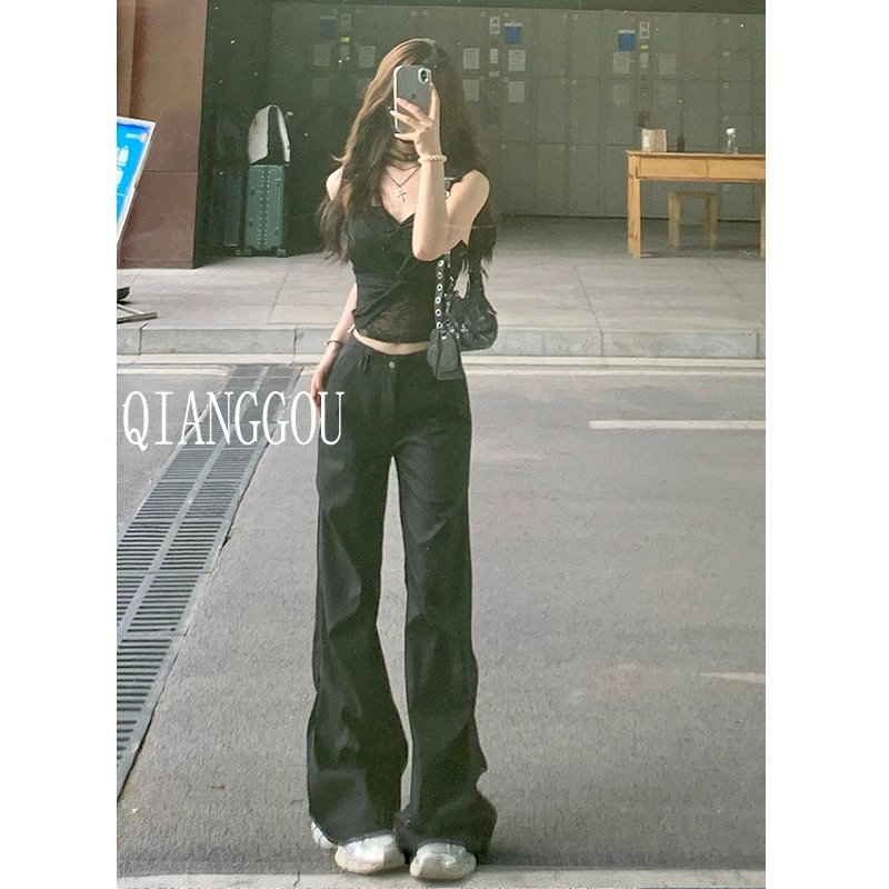 Женские летние черные брюки-карго ростом 175, с высокой талией, свободные, в пол, широкие, слегка расклешенные, удлиненные брюки в пол.
