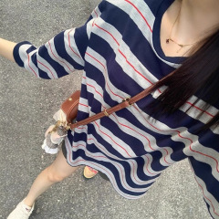 韩系蓝色条纹休闲防晒长袖T恤女夏季宽松慵懒风外搭薄款罩衫上衣