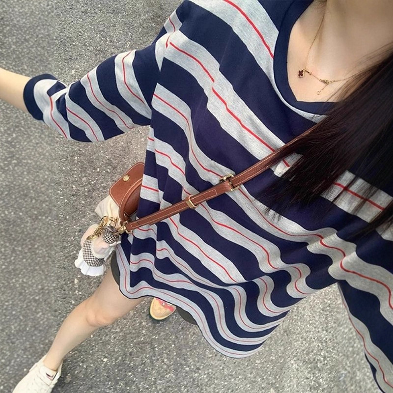 韩系蓝色条纹休闲防晒长袖T恤女夏季宽松慵懒风外搭薄款罩衫上衣|undefined