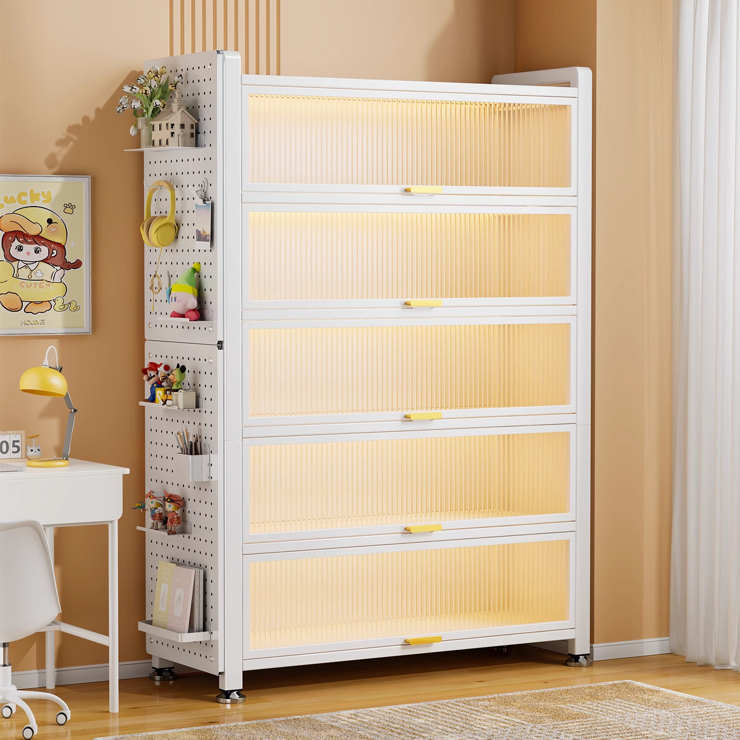 Steel Bookcase with Door and Perforated Board Steel Bookshelf Floor-Standing Multi-Layer Living Room Storage Cabinet Dust-Proof and Moisture-Proof Storage Cabinet