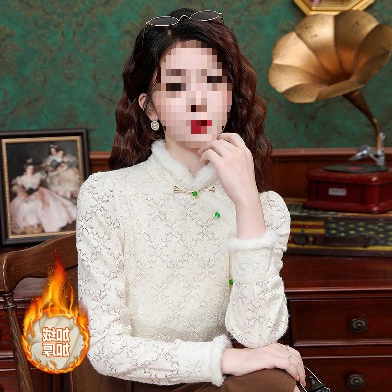 Fleece retro shirt, long-sleeve, demi-season cheongsam