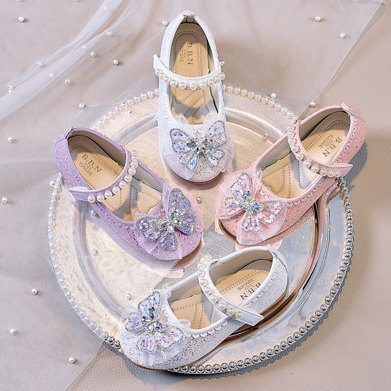 Girls' Solid Color Leather Shoes 2026 Autumn New Children's Rhinestone Bow Princess Shoes Cartoon Pearl Single Shoes Trendy