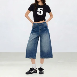 夏季牛仔七分裤女拼接重工手缝水洗中腰宽松直筒显瘦阔腿中裤蓝色
