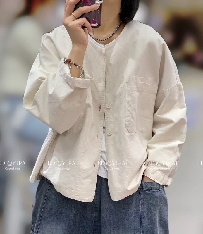 2025秋季韩版宽松时尚简约贴布大口袋圆领外套百搭休闲上衣女3790|undefined