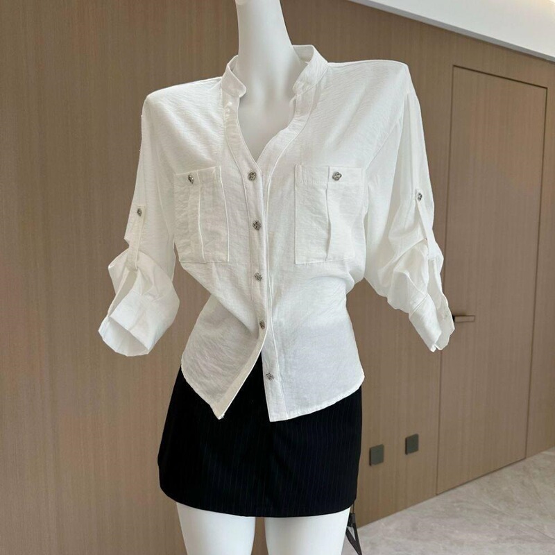 Women's white pocket shirt set 2026, Korean style shorts, elegant and charming, high-waisted, slimming, ladylike Women's white pocket shirt set 2026, Korean style shorts, elegant and charming, high-waisted, slimming, ladylike
