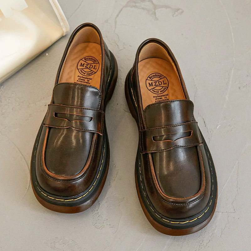 Женские кожаные лоферы на платформе 2023 новые кожаные туфли в стиле ретро преппи