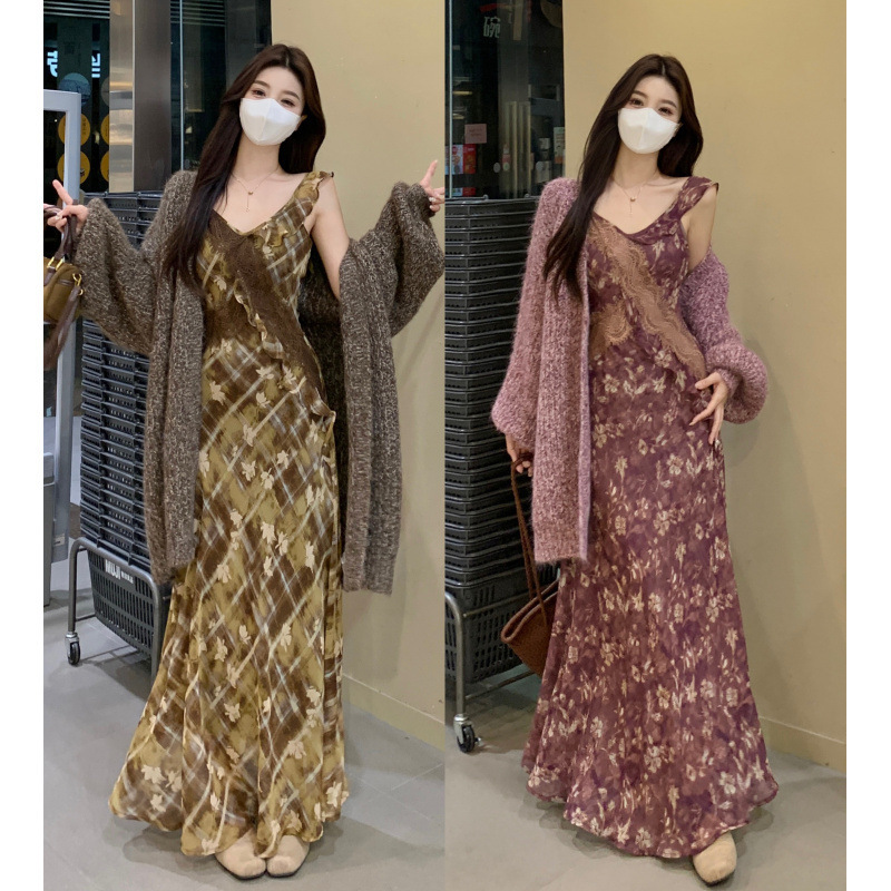 大码软糯开衫宽松大版毛衣外套温柔气质碎花裙连衣裙女无袖长裙|undefined