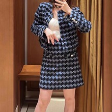 跨境平替春秋新款女装优雅圆领深蓝粗花呢格纹花呢外套字高腰半裙