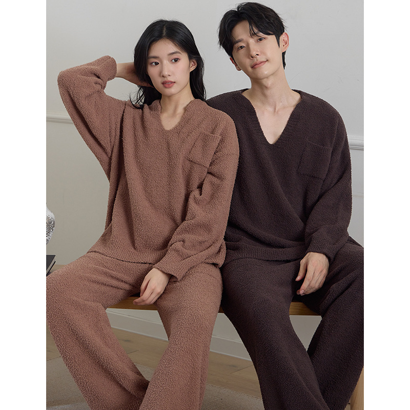 情侣睡衣女冬季保暖半边绒V领加厚珊瑚绒男士大码高档家居服套装