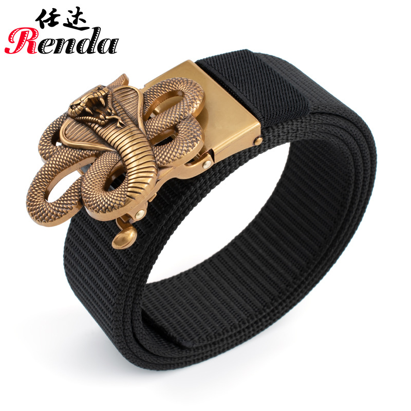 Hebilla automática sin dientes para hombres Cobra cinturón de lona casual vintage pantalones cinturón nylon tanque patrón cinturón