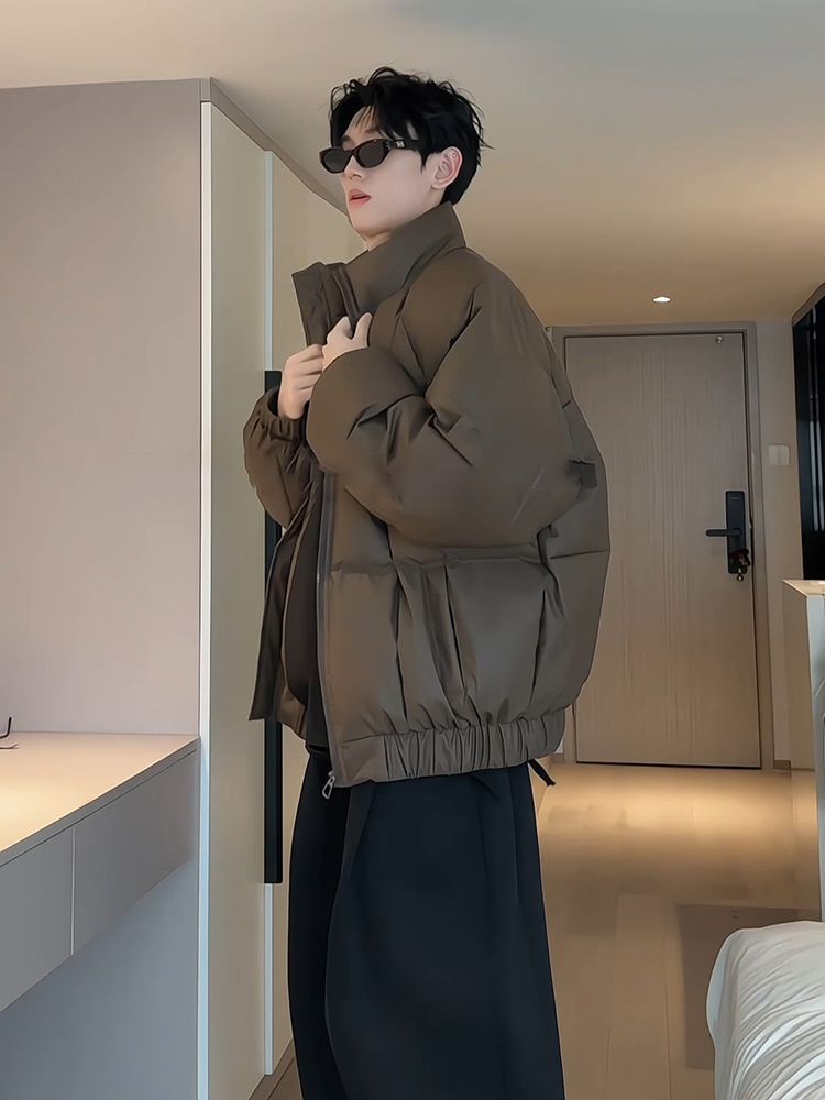 American Trendy Brand Toast Pattern Winter Pu Leather Fluffy Warm Youth Cotton Jacket Men's Waterproof and Stain-Resistant Design down Jacket Men