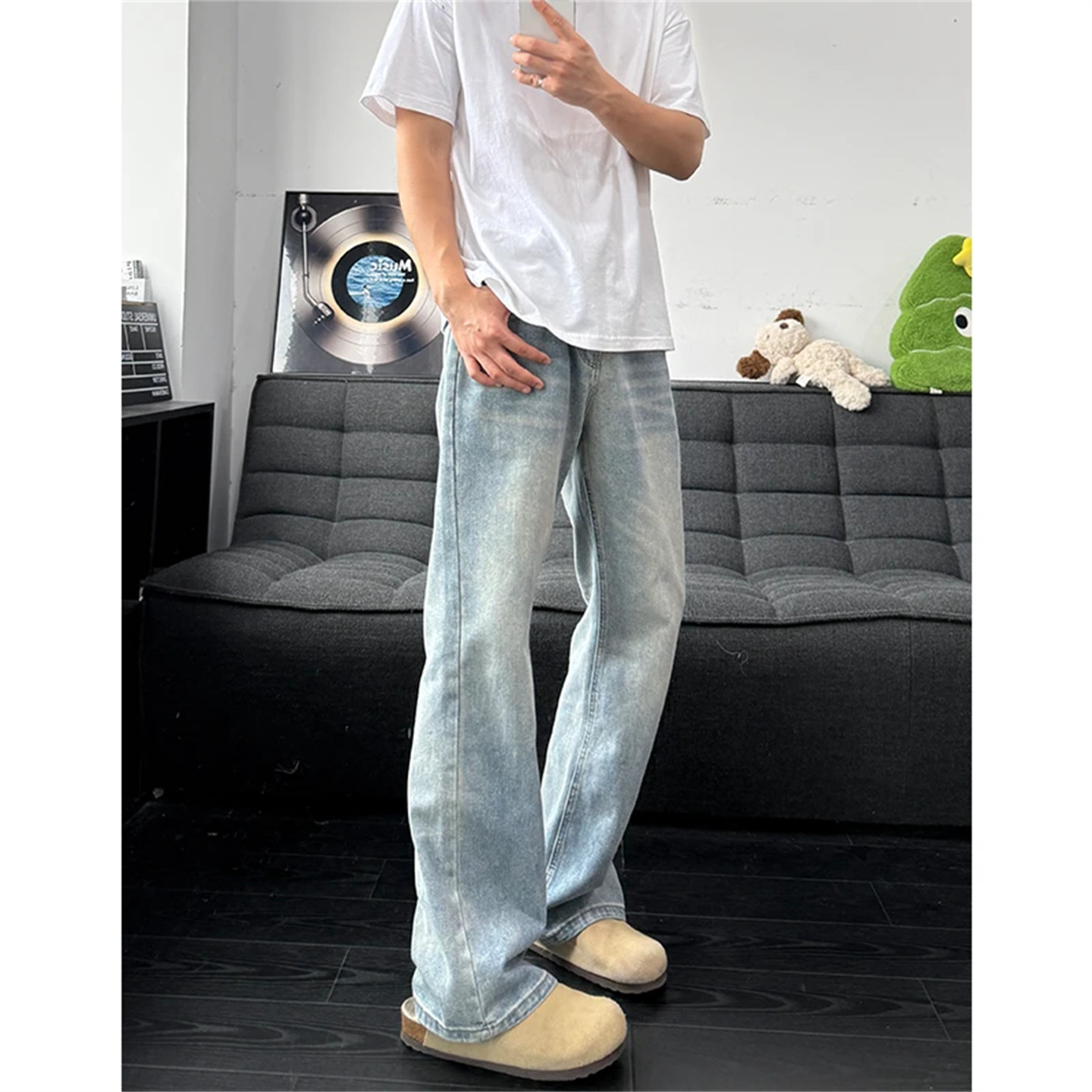 American High Street Vibe High Waist Pants Men's Spring Retro Blue Scimitar Jeans Washed Straight Pants_viptrois.com
