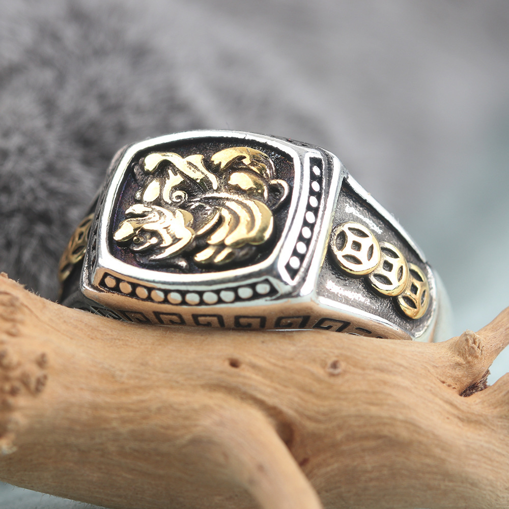 Vintage Copper Coin Pixiu Ring for Men Trendy Personality Minimalist Style Versatile Thai Silver Wide Open Index Finger Ring
