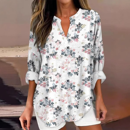 Amazon Cross-border Independent Store New Flower 3D Digital Printing Women's Fashion Round Neck Loose Shirt Top