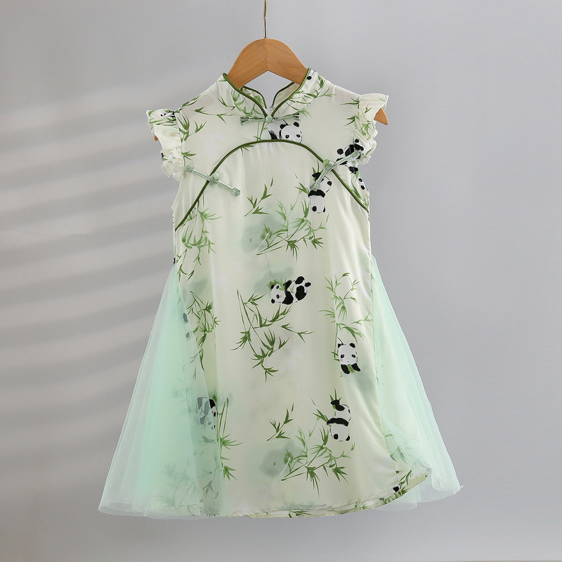 Summer Girls Cotton Silk Dress Thin Kidsren's Artificial Cotton Mesh Princess Dress Little Girl Chinese Style Cheongsam Han Dynasty