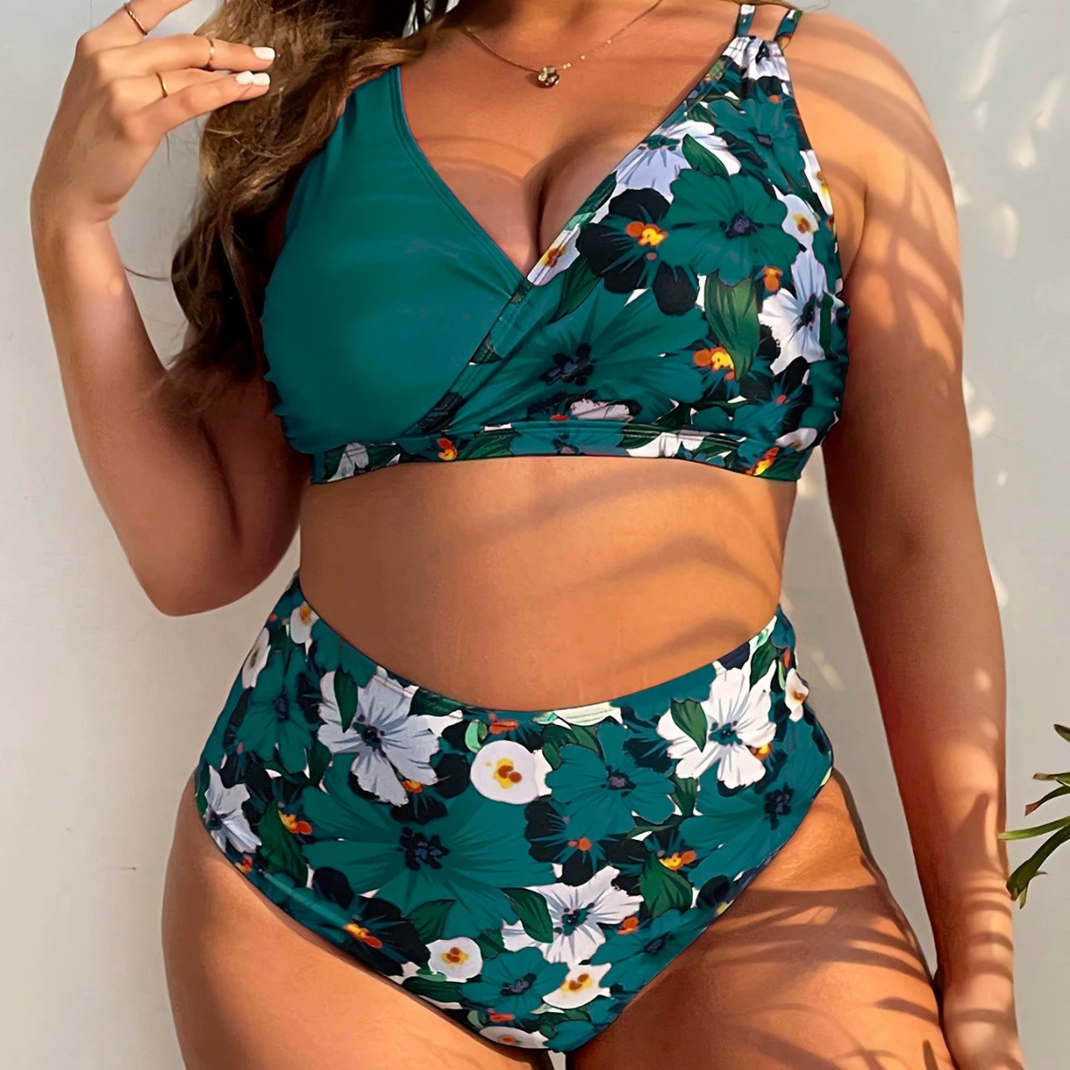 Раздельный купальник plus size, цветочный принт, высокая талия, городской европейский стиль (2–5XL)