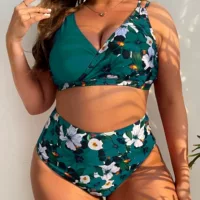 Раздельный купальник plus size, цветочный принт, высокая талия, городской европейский стиль (2–5XL)