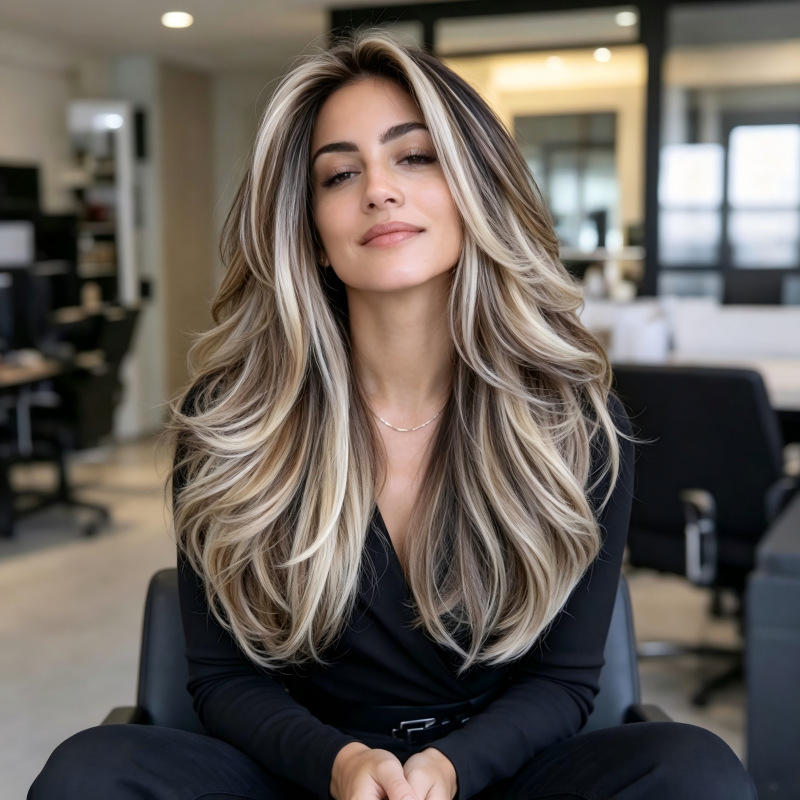Cross-Border Highlights Long Curly Hair Full Wig for Women with Air Bangs, Realistic Long Straight Hair High-Temperature Fiber Wig